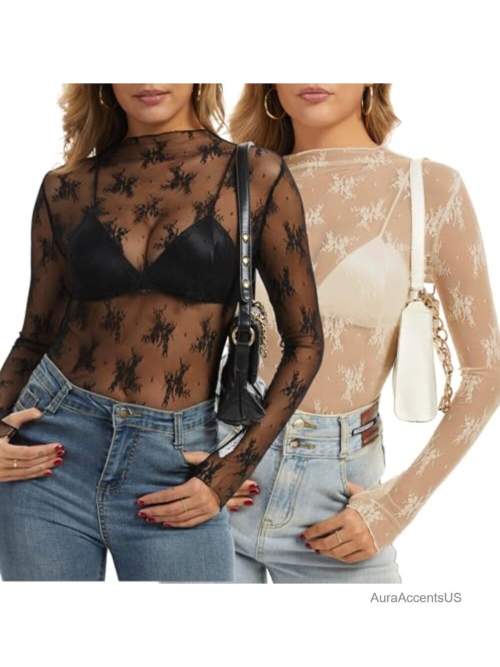 Women's Long Sleeve Lace Sheer Mesh Top Mock Neck Floral See Through Blouse